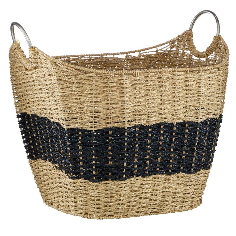 Olivia & May 21.25""x18.75"" Large Seagrass Striped Basket with Metal Handles Black | Target