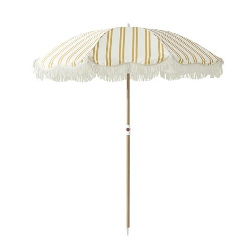 DEER LAND 6FT Stripe Fringe Beach Umbrella for Sand with Sand Anchor, UPF 50+ Sun Shade with Tassels, Adjustable Tilt Pole, Portable Coastal Umbrella for Beach & Pool, Heritage Mimosa Stripe | Amazon (US)