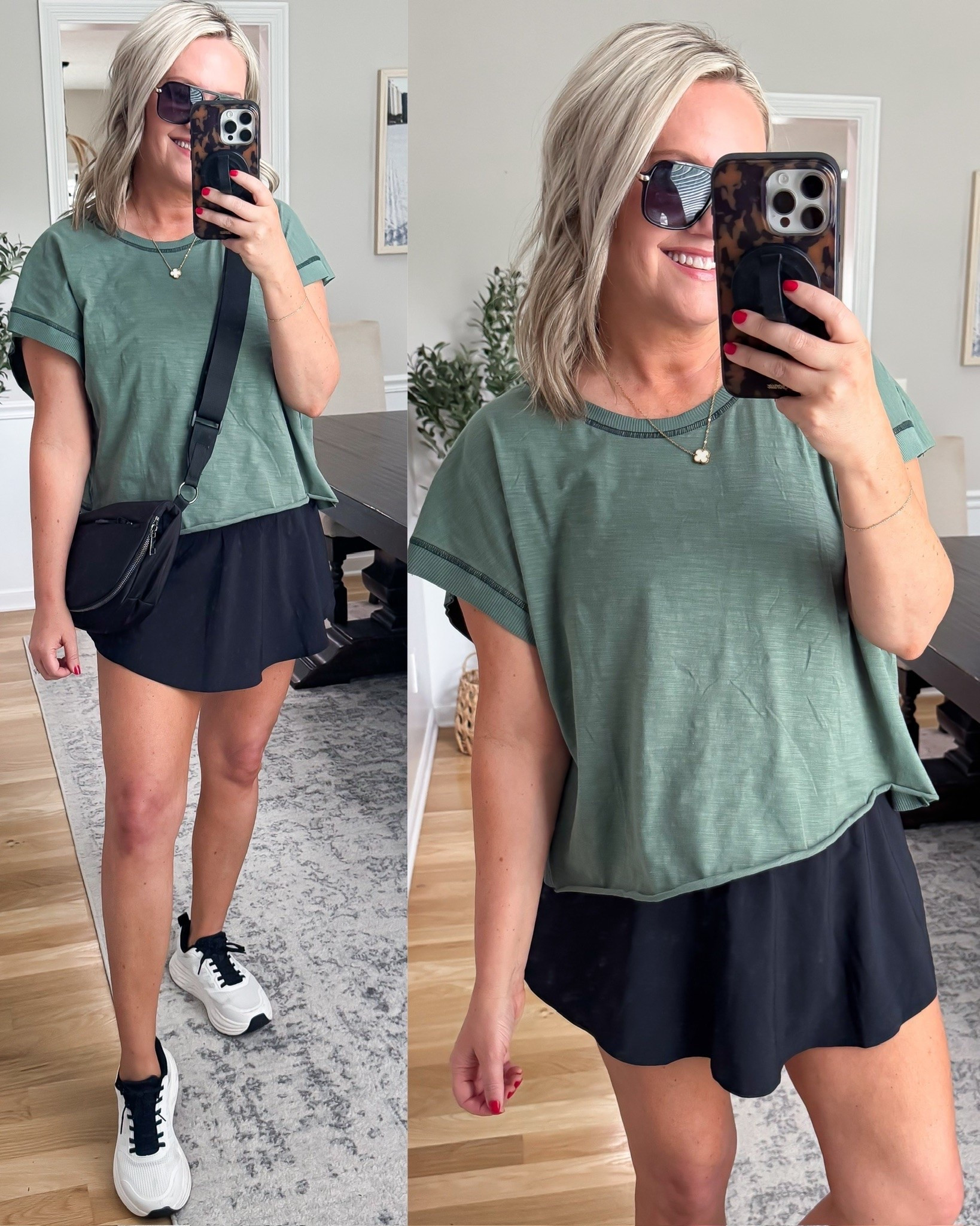 This is the kind of outfit I want for a busy day when comfort matters but I still want to feel put together. The soft green tee has an easy drape, and I love it with the sporty black skort, sneakers, and crossbody for walking, travel, or a full day out.

green tee, black skort, casual outfit, sporty outfit, athleisure style, everyday outfit, travel outfit, comfortable fashion, sneakers outfit, lovelylifestyling

#LTKmomlife #LTKActive #LTKootd
