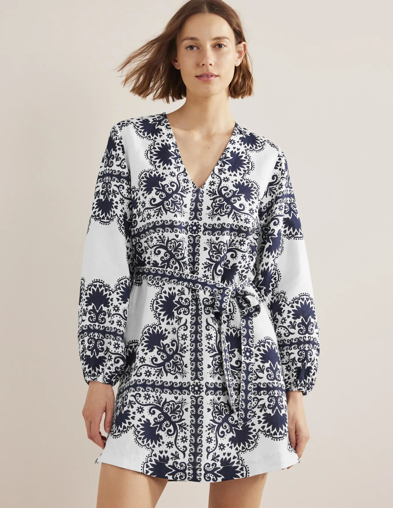 V-Neck Tie Waist Mini Kaftan | Boden (US)