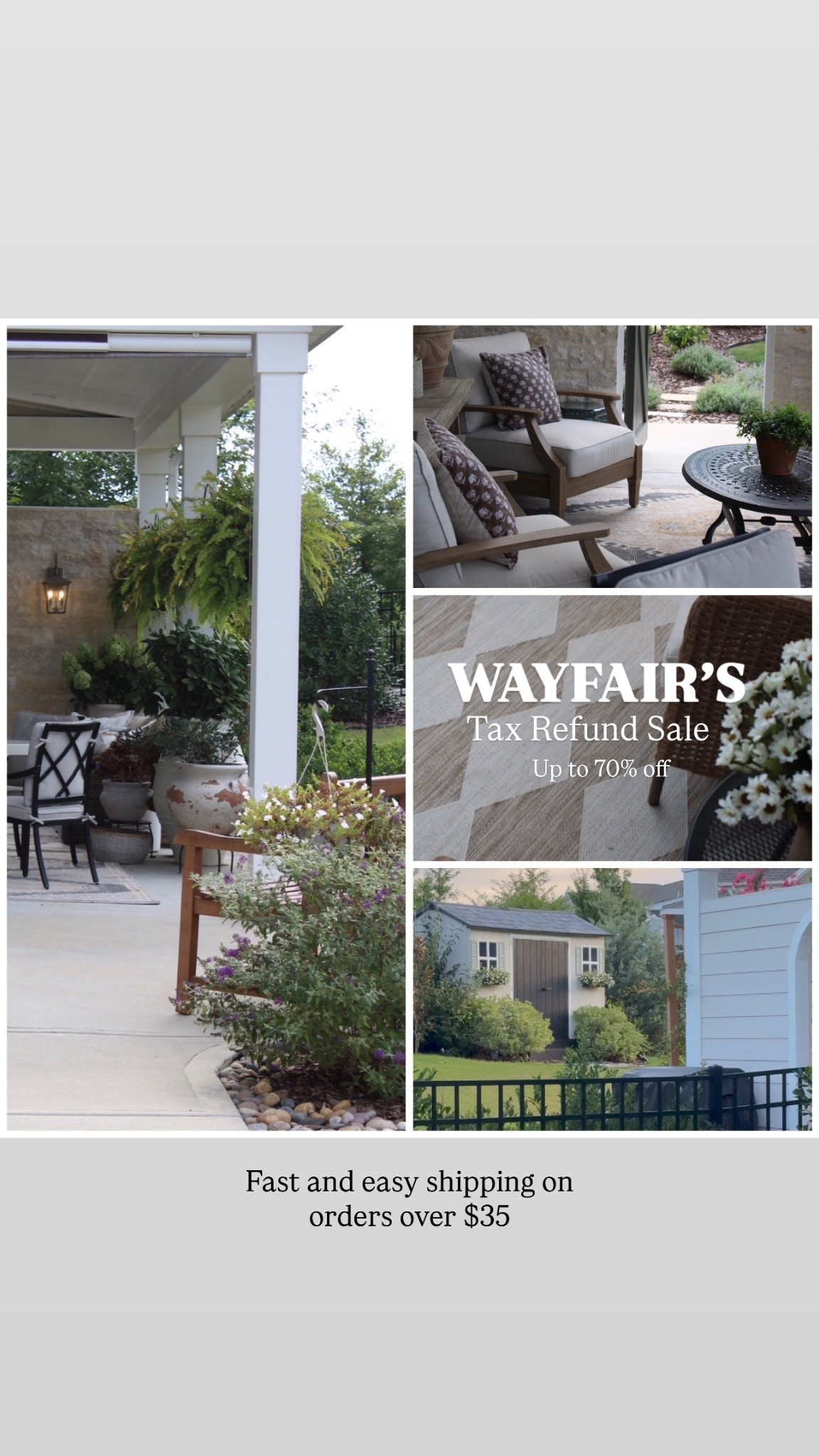 My outdoor favorites @Wayfair 
Wayfair’s Tax Refund Sale 🎉
Fast & easy shipping over $35.
Up to 70% off!
Outdoor furniture and pillows, rugs, sheds, plant hooks, gate hardware, and more!
#wayfair
#wayfairpartner
#ad

#LTKHome