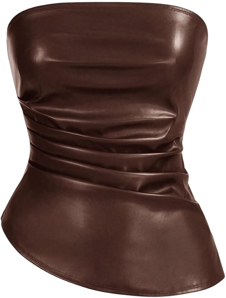 SOLY HUX Women's PU Leather Tube Top Strapless Ruched Asymmetrical Bandeau Tops Rave Concert Outf... | Amazon (US)