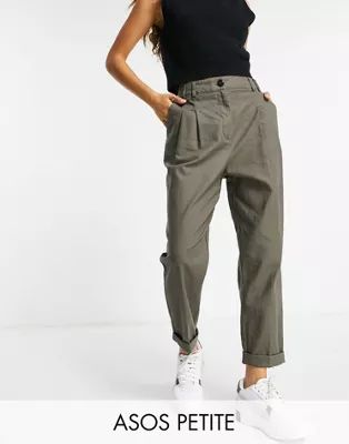ASOS DESIGN Petite high waist slim peg trouser in khaki linen | ASOS (Global)
