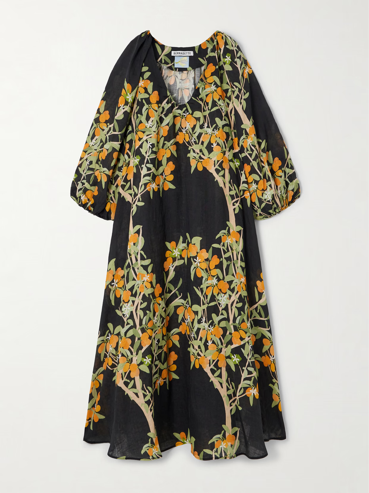 BERNADETTE - Georgette Printed Linen Midi Dress - Black | NET-A-PORTER (US)