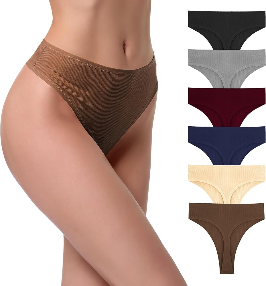 High Waist Cotton Thongs Women Cotton Rib Comfortable Soft Thongs Panties Pack 6 | Amazon (US)