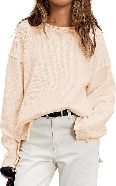 Women's Pullover Fall Winter Sweaters 2025 Long Sleeve Roll Crewneck Side Slit Oversized Knit Tun... | Amazon (US)