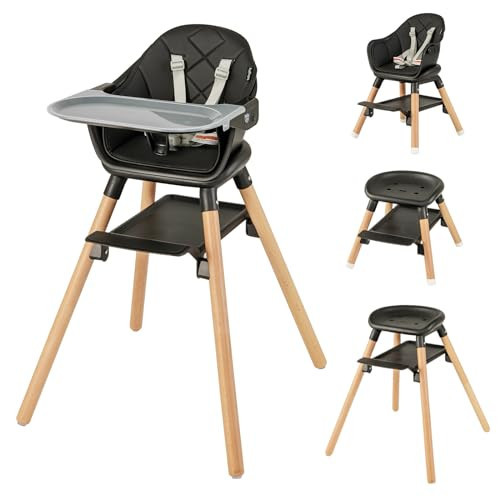 BABY JOY Baby High Chair, 6 in 1 Convertible Wooden High Chair for Babies & Toddlers with Adjustable Legs, Double Removable Tray, Safety Harness & Waterproof PU Cushion (Black) | Amazon (US)