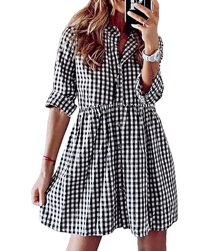 FANCYINN Women's Gingham Stand Collar Shirt Dress Button Down Casual Long Sleeve Tie Sleeves Mini... | Amazon (US)