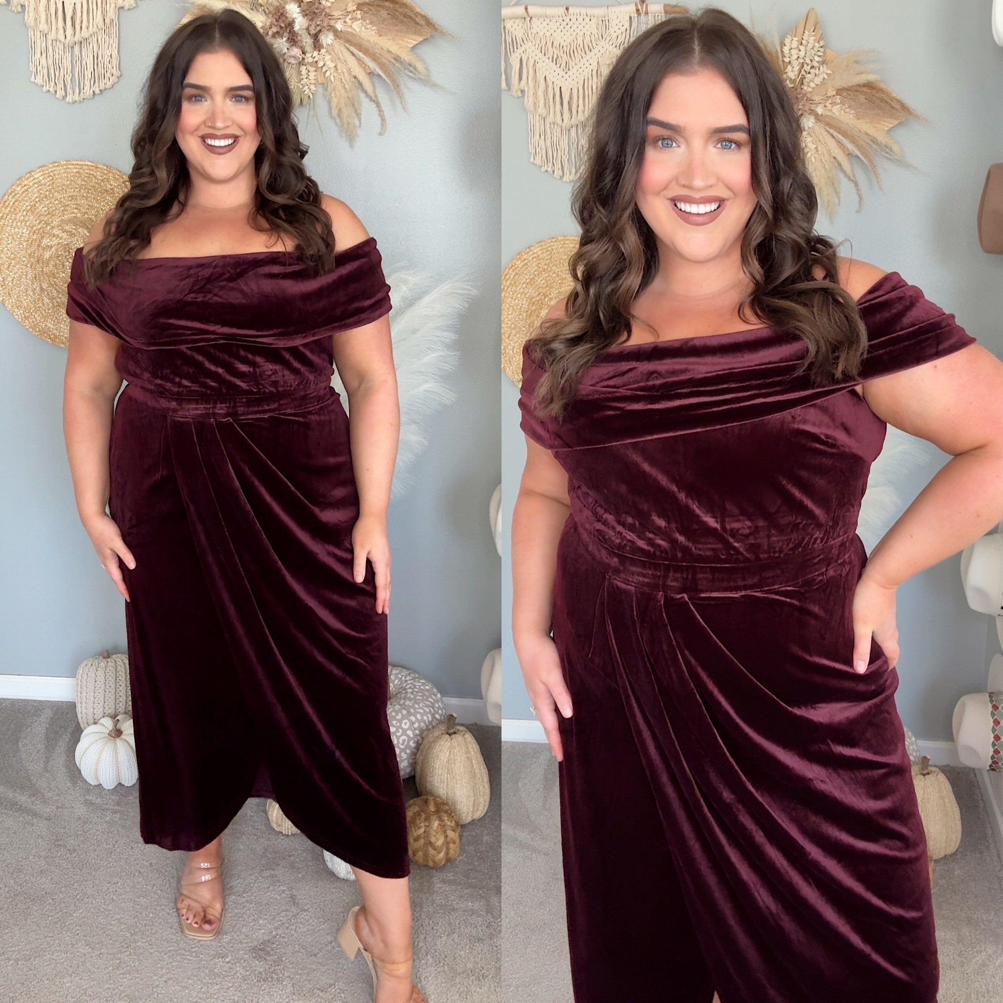 The perfect off the shoulder velvet dress! 🍷 Fabric is super soft and stretchy. Love the draping over the tummy. Has a non-slip bust line to help from sliding up. Gorgeous holiday or winter wedding guest option. Wearing a size 2X

#LTKPlusSize #LTKHoliday #LTKParties