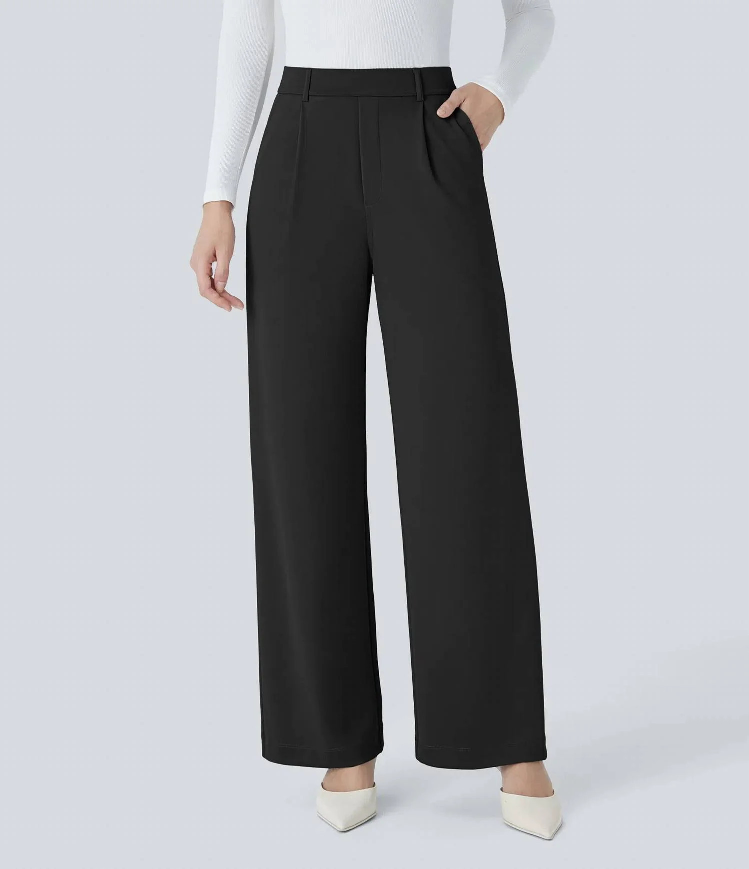 High Waisted Plicated Side Pocket Straight Leg Work Pants In Black | Shop Simon