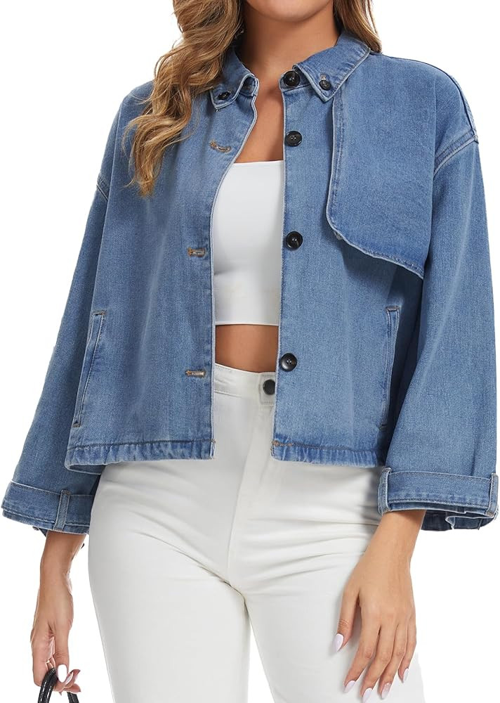 Women Denim Jacket Trench Coat Casual Button Down Long Sleeve Trendy Jean Coats with Pockets | Amazon (US)