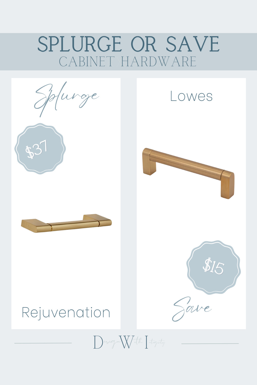 Splurge vs. Save cabinet hardware. The Rejuvenation pull features a refined silhouette, warm brushed brass finish, and tailored detailing that elevates cabinetry instantly. The Lowe’s option offers a nearly identical linear profile and soft brass tone for a more budget-friendly update. Both deliver that modern, streamlined look that works beautifully in kitchens, bathrooms, and built-ins. Click the link to compare both options and choose the best fit for your project.

#splurgevssave #lookforless #cabinethardware #kitcheninspo #bathroomdesign #homerenovation #modernhome

cabinet hardware, brass cabinet pulls, kitchen hardware, look for less, splurge vs save, modern kitchen, brushed brass pulls, hardware upgrade 

 #LTKHome