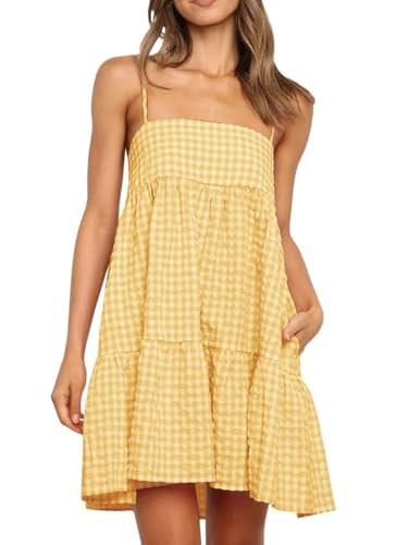 Wenrine Womens Summer Plaid Mini Dress Casual Spaghetti Strap Sleeveless A Line Beach Sundress with Pockets Yellow | Amazon (US)