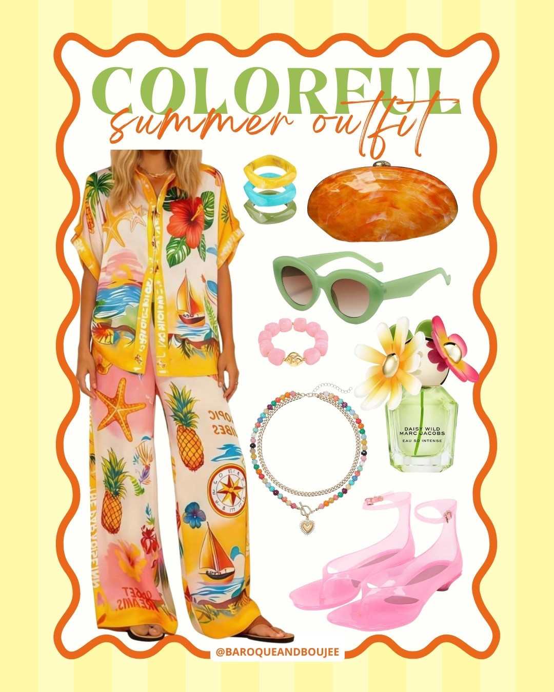 Last minute vacation outfit, summer outfit, easy outfit, everyday outfit includes this print co-led set with chunky bead bracelets, heart pendant necklace, cat eye sunglasses, lucite bangles, a shell clutch and jelly sandals.

#LTKgrwm #LTKootd #LTKSaleAlert