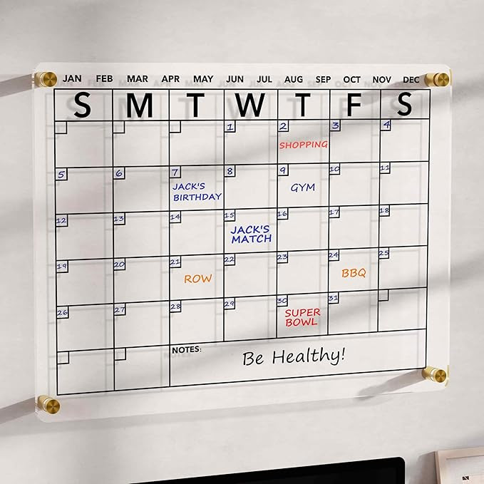 Wall Calendar (Not Magnetic), Clear Acrylic Monthly Planner White Board Dry Erase Whiteboard, w/ ... | Amazon (US)