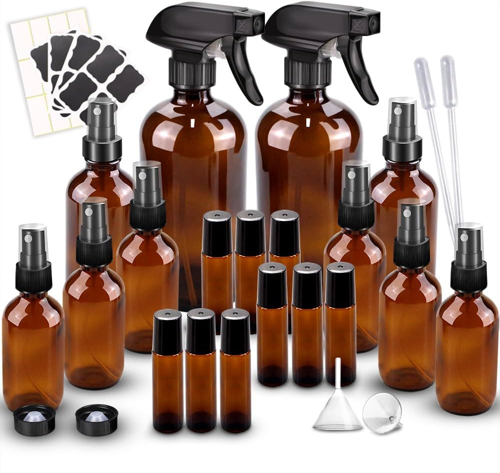 Loretoy Glass Spray Bottle Kit×10 (2×16oz, 2×4oz, 6×2oz), 9×10ml Roller Bottles, Anti UV, Mu... | Amazon (US)