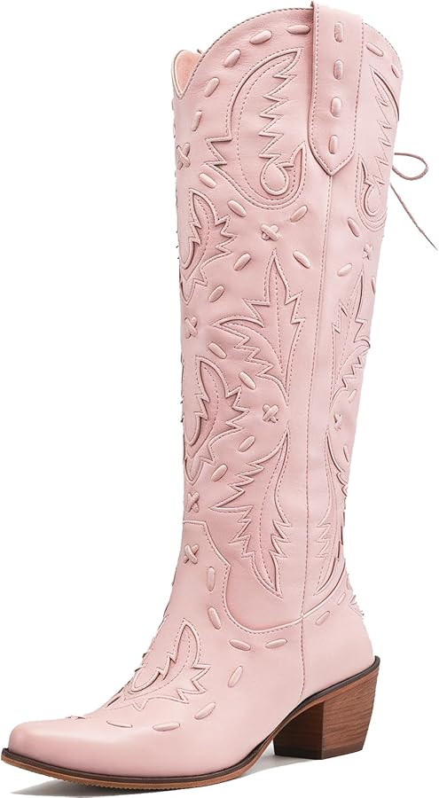 Meefit Lace Up Cowboy Boots for Women Knee High Cowgirl Boots Pointed Snip Toe Wide Calf Western ... | Amazon (US)