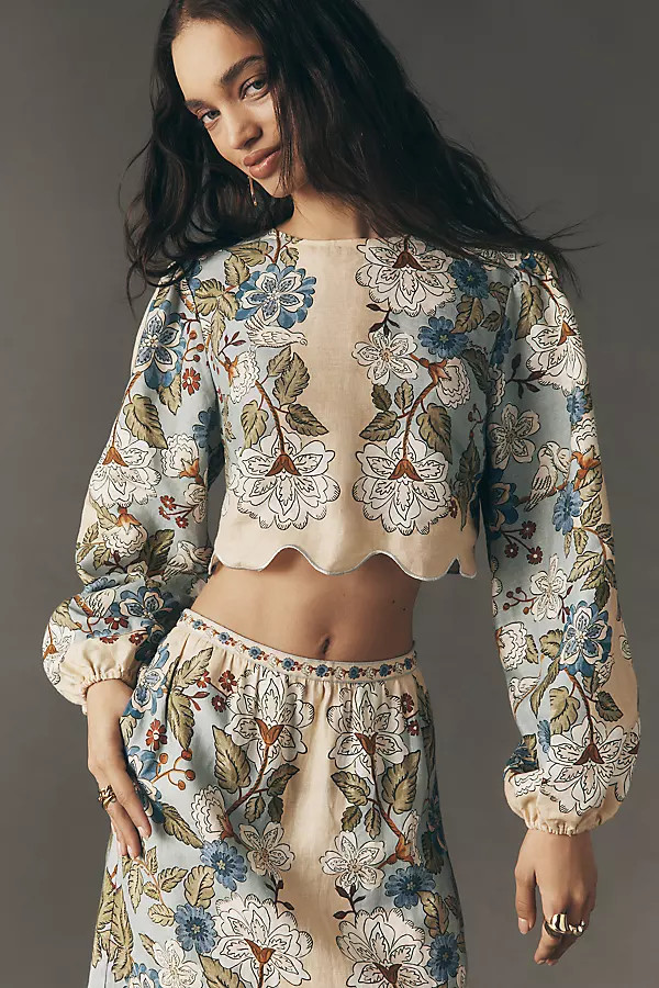 Farm Rio Garden Linen Scalloped Crop Top | Anthropologie (US)