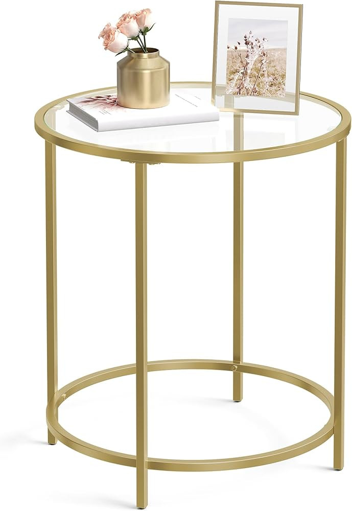 VASAGLE Round Side Table, Glass End Table with Metal Frame, Gold Coffee Table with Modern Style, ... | Amazon (US)