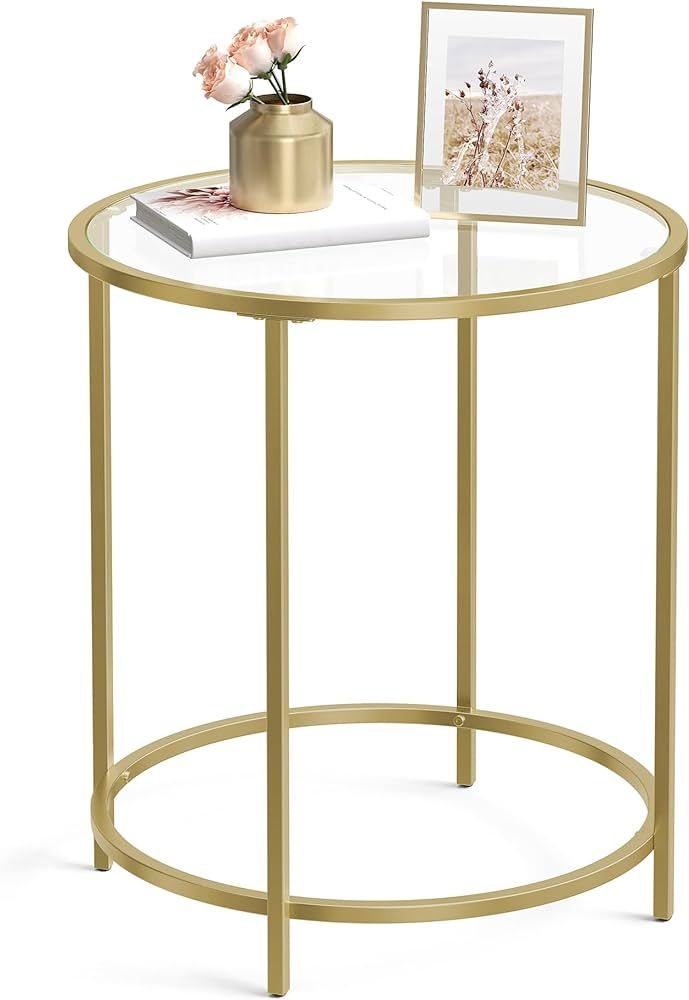 VASAGLE Round Side Table, Glass End Table with Metal Frame, Gold Coffee Table with Modern Style, ... | Amazon (US)