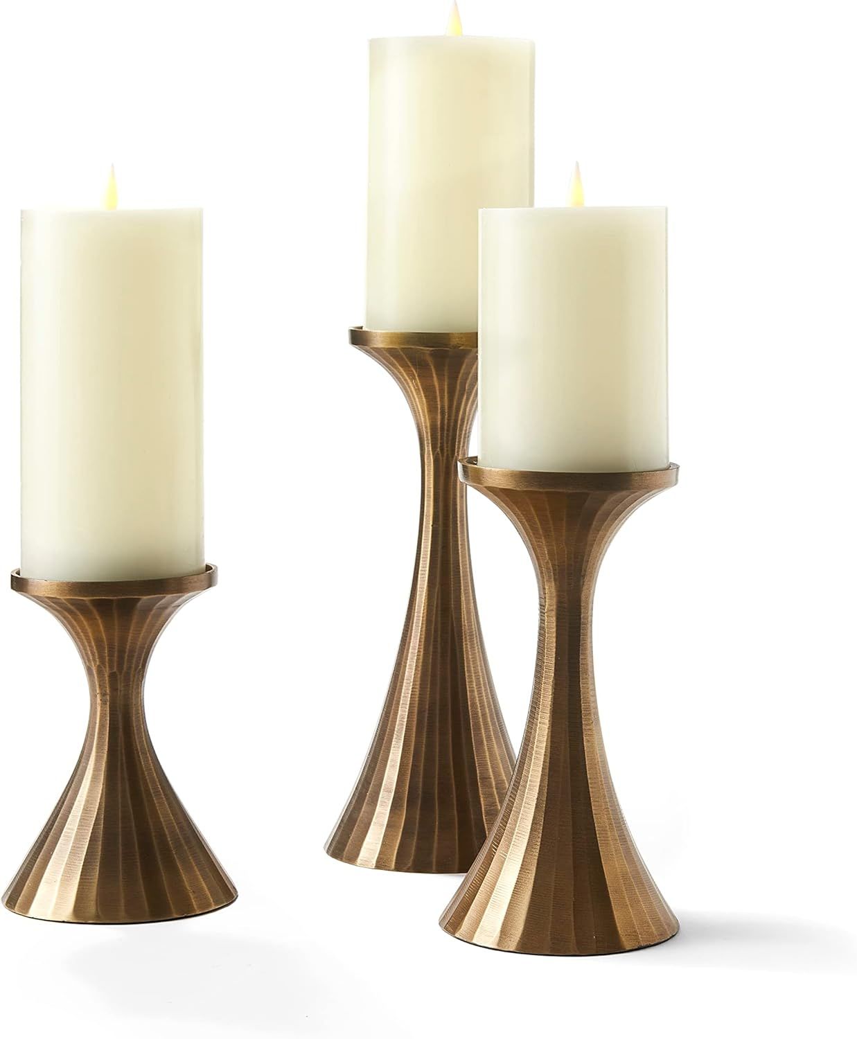 LampLust Metal Pillar Candle Holder - 9 Inch Tall Candle Holders for Pillar Candles, Aged Brass F... | Amazon (US)