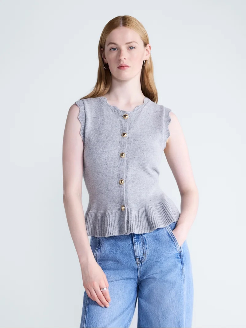 Free Assembly Women's Scalloped Trim Peplum Hem Sweater Vest, Lightweight, Sizes XS-XXL | Walmart (US)