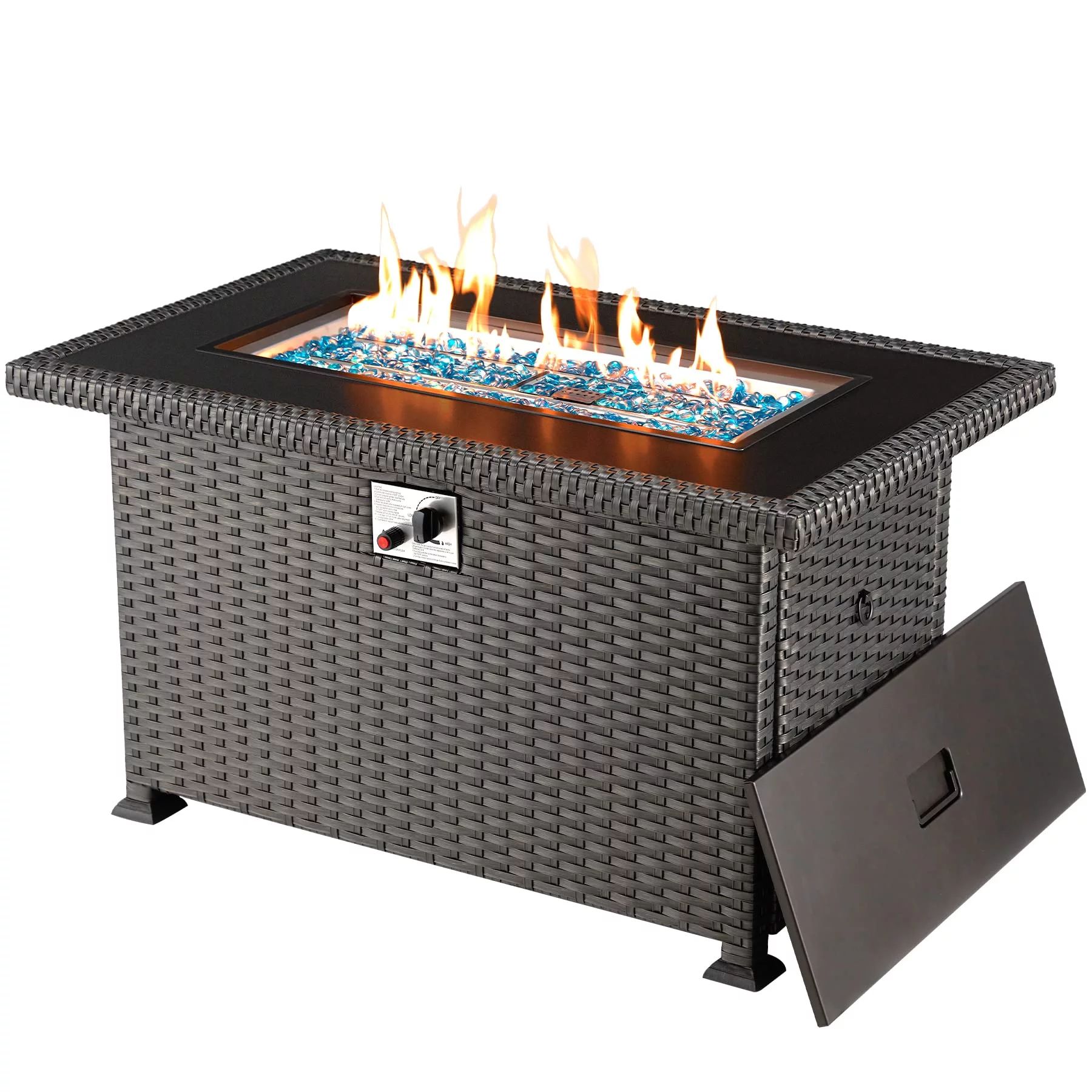 44 in Propane Fire Pit Table,PE Rattan Fire Pit Table with Lid, Waterproof Cover, 50,000 BTU Prop... | Walmart (US)