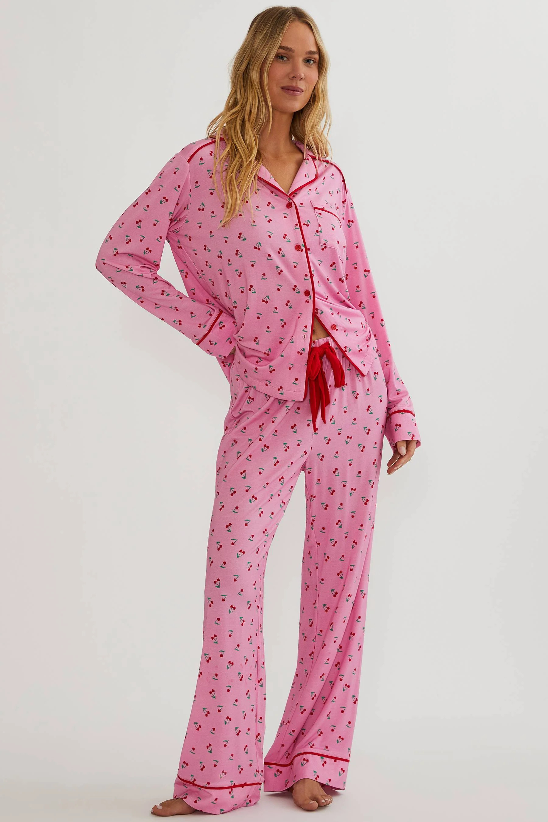 Livy Top & Connie Pant Set Mon Cheri | Pink Cherry Print Pajama Set | Beach Riot | Beach Riot