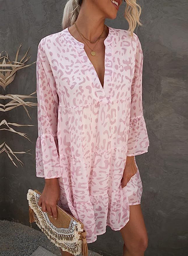 Happy Sailed Womens Long Sleeve V Neck Tunic Dress Leopard Print Swing Party Midi Dress | Amazon (US)