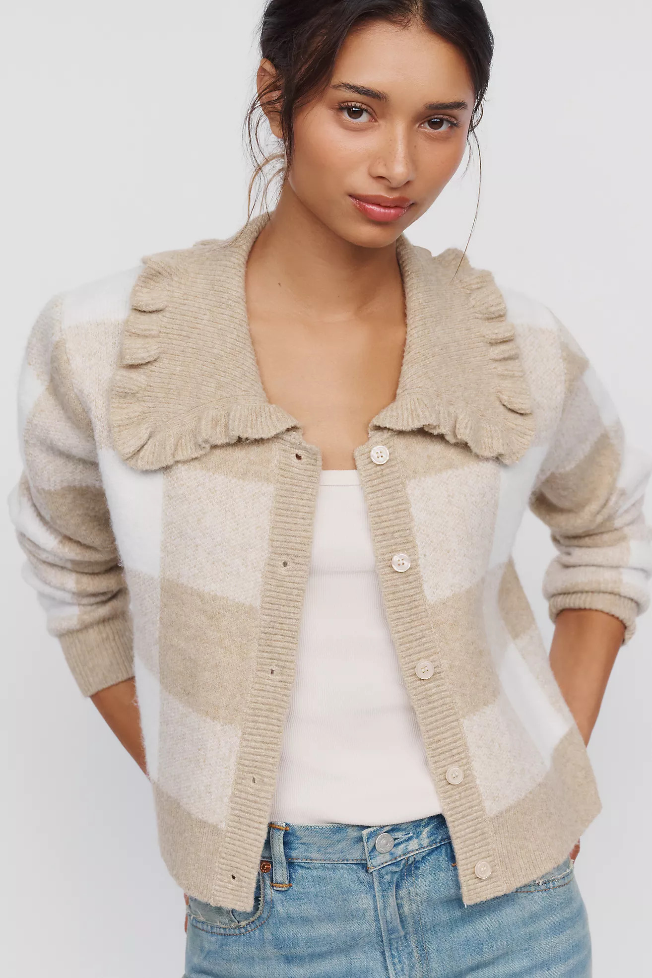 Self-Contrast Ainsley Ruffle-Collar Cardigan | Anthropologie (US)