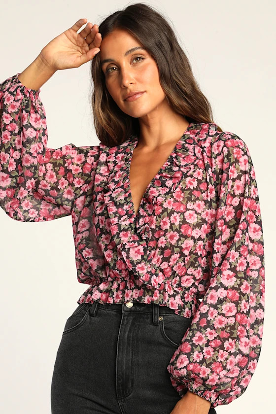Floral Report Black Floral Print Ruffled Long Sleeve Top | Lulus (US)