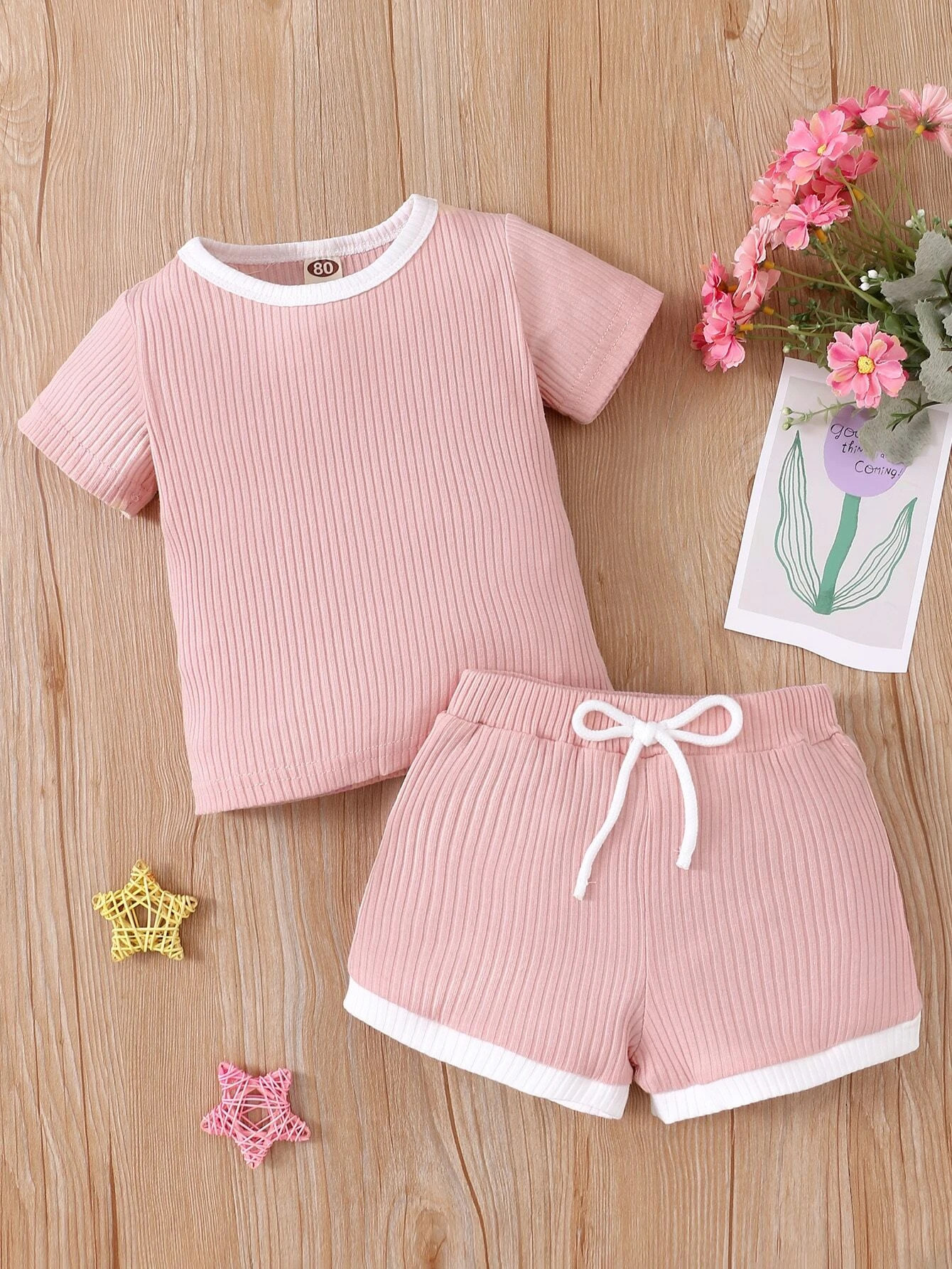 Toddler Girls Contrast Binding Rib-Knit Tee & Shorts | SHEIN