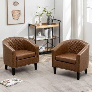 Coffee Tufted Faux Leather Small Club Bar Barrel Chair Set of 2 with Nailhead Trim | The Home Depot