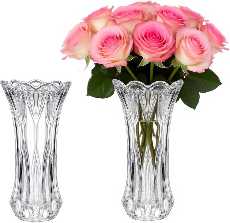 2PCS Crystal Glass Vase, 24cm/9.45in Glass Vases for Flowers, Tall Cylinder Flared Vases, Clear F... | Amazon (UK)