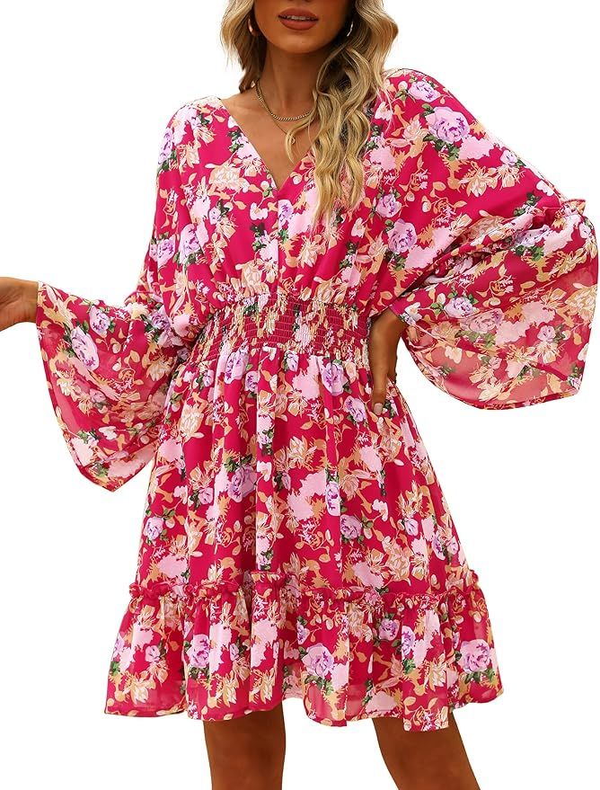 Jollycode Women's Spring Summer 2023 Floral Smocked Mini Dress Boho A Line Chiffon Dress Ruffle S... | Amazon (US)