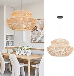 Hand Woven Rattan Pendant Light, Farmhouse Hanging Light Ceiling Chandelier Boho Flush Mount Ligh... | Amazon (US)