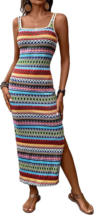 COZYEASE Women's Summer Dress Geometric Boho Split Side Square Neck Tank Dress Casual Long Beach ... | Amazon (US)