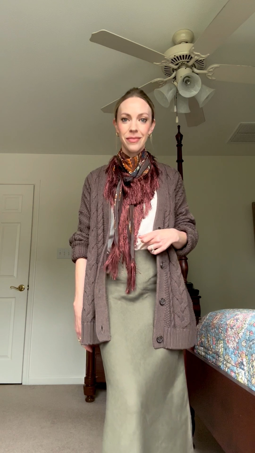 Teacher outfit, fall workwear, @Quince cable knit cardigan, paisley fringe scarf

#LTKWorkwear #LTKOver40 #LTKSeasonal