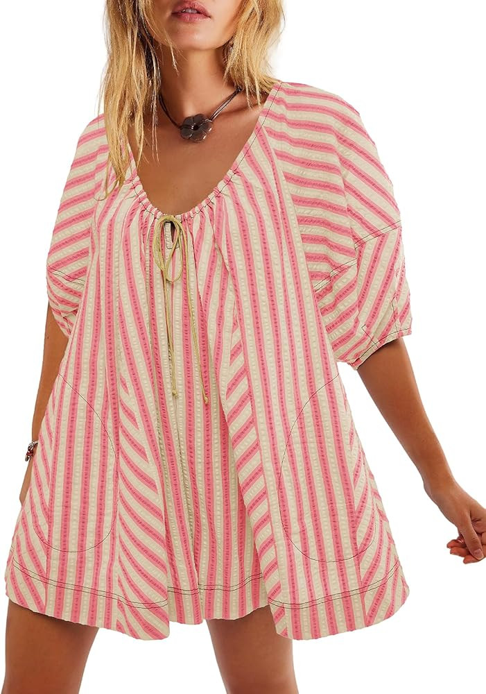 Yanekop Womens Romper Dress with Shorts Striped Romper Overall Oversized Short Jumpsuit V Neck Pu... | Amazon (US)