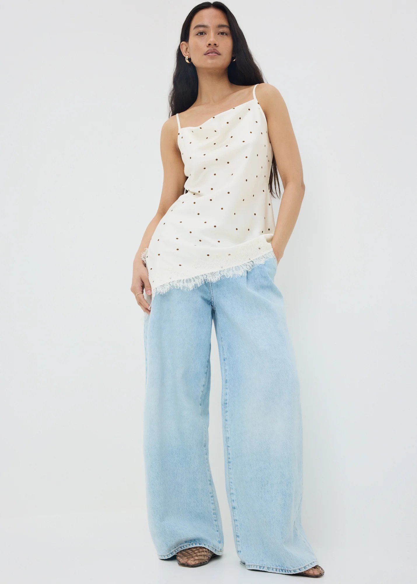 Cream Spot Satin Lace Cowl Longline Cami Top | Matalan (UK)