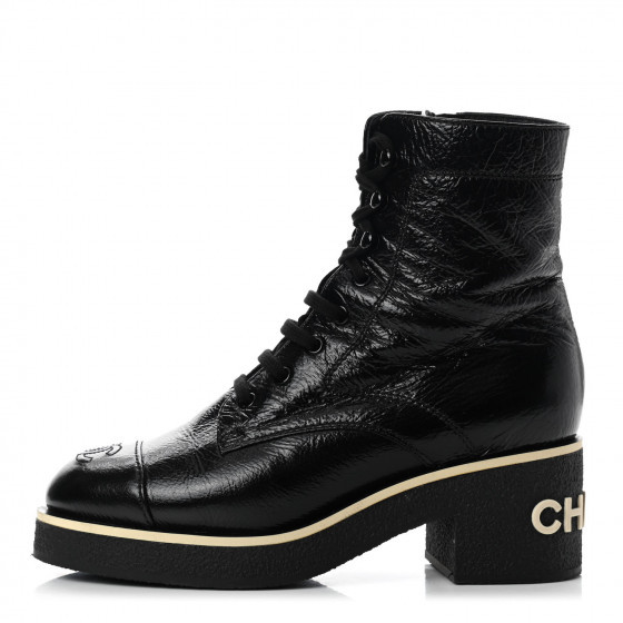 CHANEL Shiny Crumpled Lambskin Lace Up Combat Boots 37.5 Black | Fashionphile