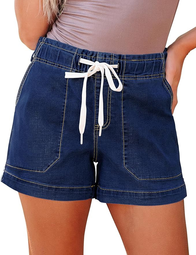 luvamia Jean Shorts for Women High Waisted Pull On Drawstring Elastic Waist Trendy Stretchy Denim... | Amazon (US)