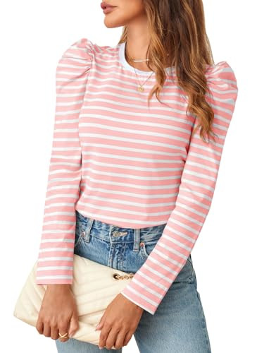 MEROKEETY Women's Puff Long Sleeve Striped Tops Crew Neck 2024 Fall Casual Knit Basic Tee Shirts | Amazon (US)