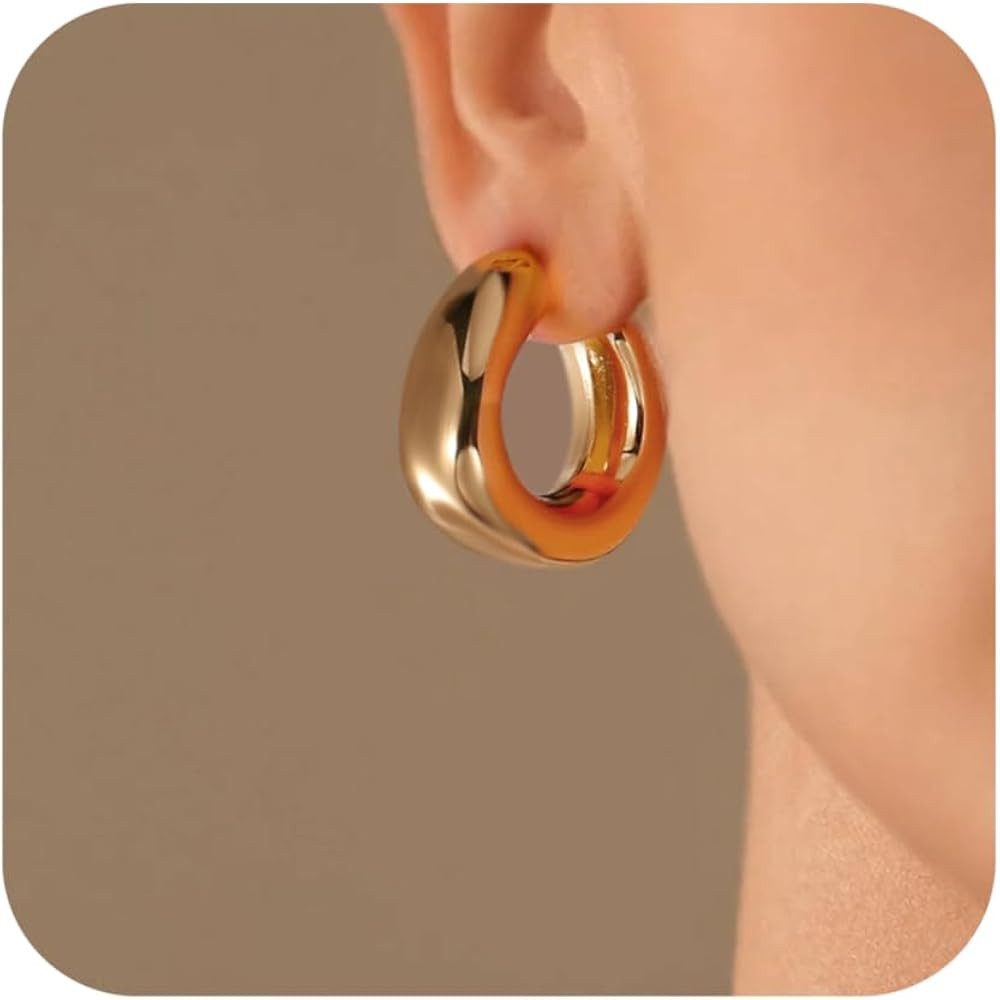 Chunky Gold Hoops Earrings for Women Thick 18K Real Gold Plated Open Hoop Lightweight Hollow Earr... | Amazon (US)