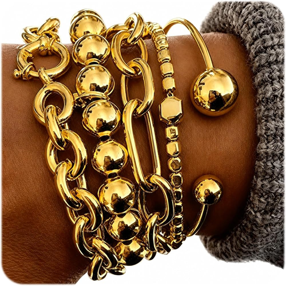 Gold Bracelets for Women, 5PC Gold Plated Stackable Chunky Bangle Set | Amazon (US)