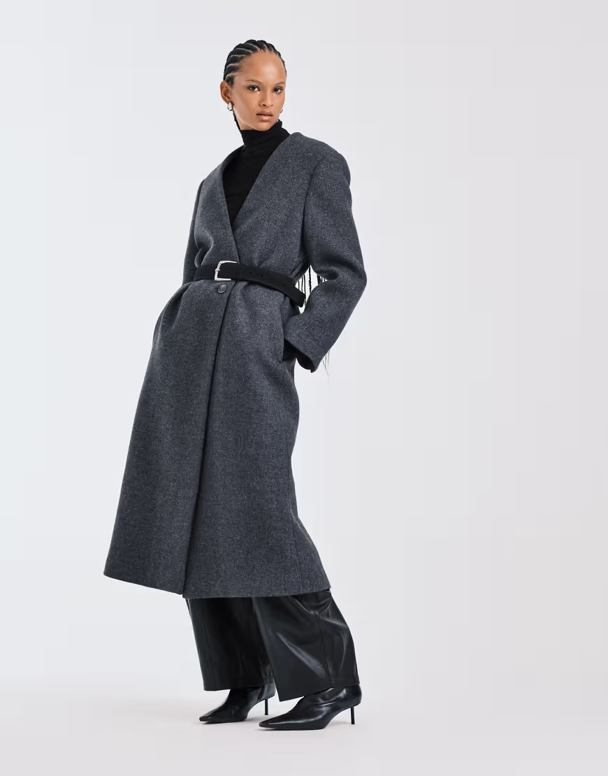 ASOS DESIGN premium wool blend collarless coat in charcoal-Gray | ASOS (Global)