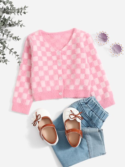 SHEIN Baby Checkered Pattern Fluffy Knit Cardigan | SHEIN
