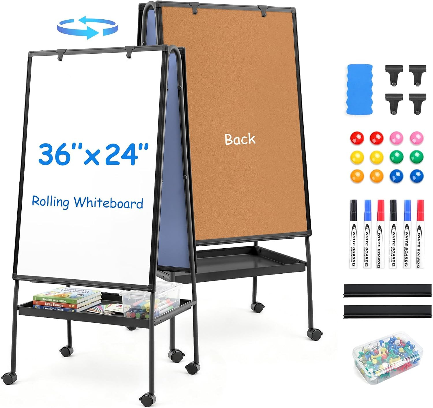 MAKELLO Rolling Whiteboard 36x24, Mobile Magnetic Whiteboard & Cork Board | Amazon (US)