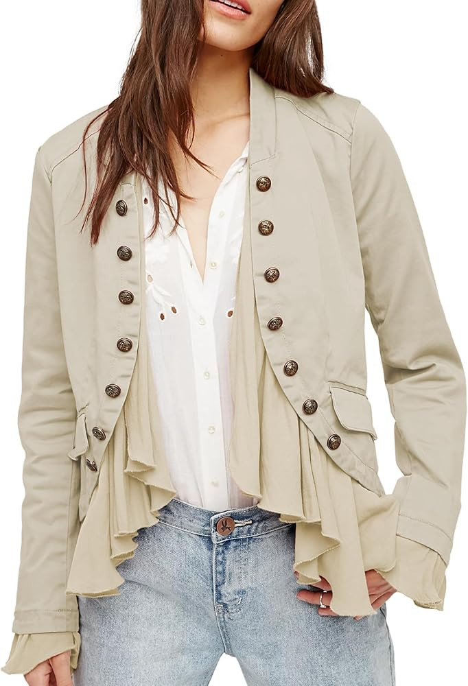 Women Casual Ruffles Jacket High Low Hem Steampunk Blazers Button up Romance Open Front Cotton Ca... | Amazon (US)