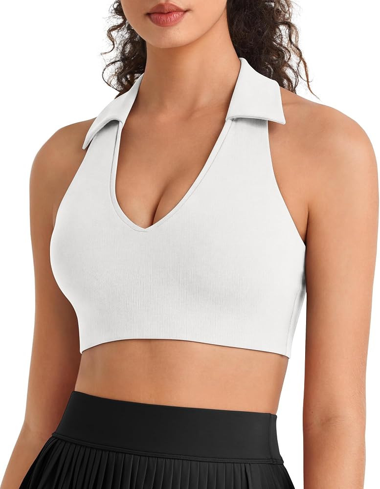 G4Free BareFeel Polo Collared Padded Sports Bra for Women V Neck Racerback Tennis Golf Tank Tops | Amazon (US)